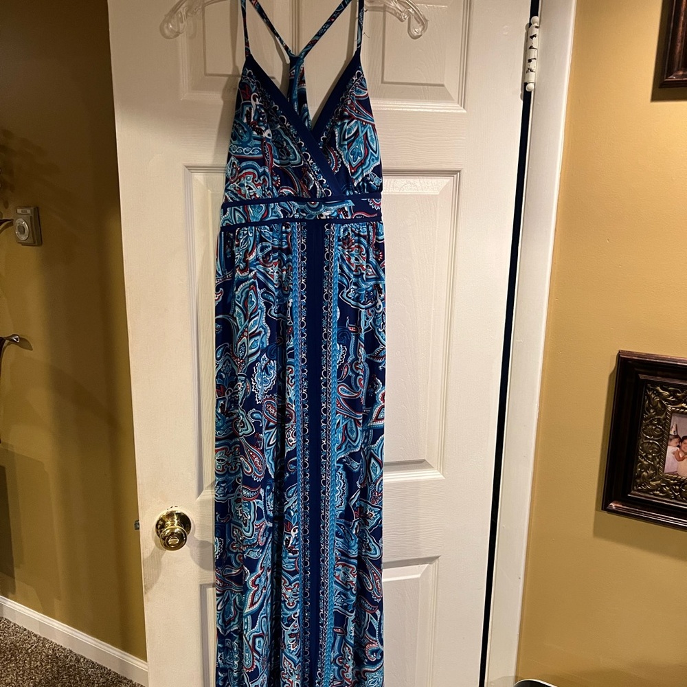 INC Blue and Red Paisley V-Neck Dress